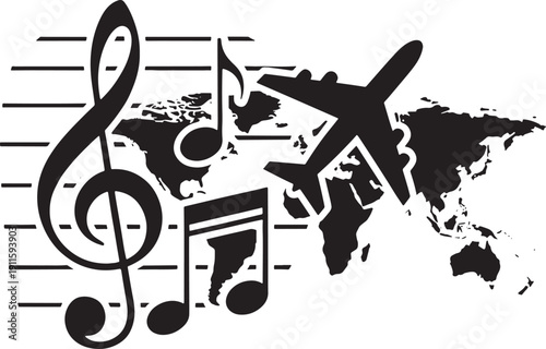 Black Treble Clef Music Notes Airplane Over Map travel