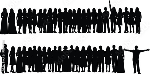 Large group people silhouettes standing together crowd diversity teamwork concept isolated vector illustration, design