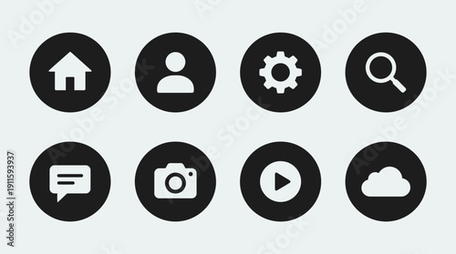 A set of round icons representing various user interface elements and actions in a clean and modern design