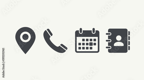 Minimalist icons representing location, phone call, calendar, and identification in a flat design style
