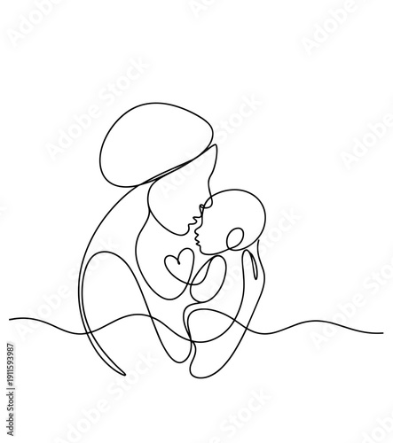 A black continuous line drawing of a new mom mother cradling her baby newborn, set against a pure white background wallpaper
