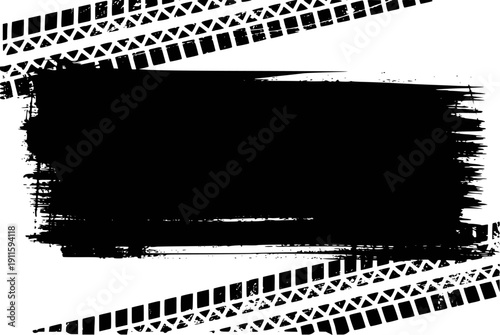 Black Grunge Brush Stroke with Tire Tracks Border White Background