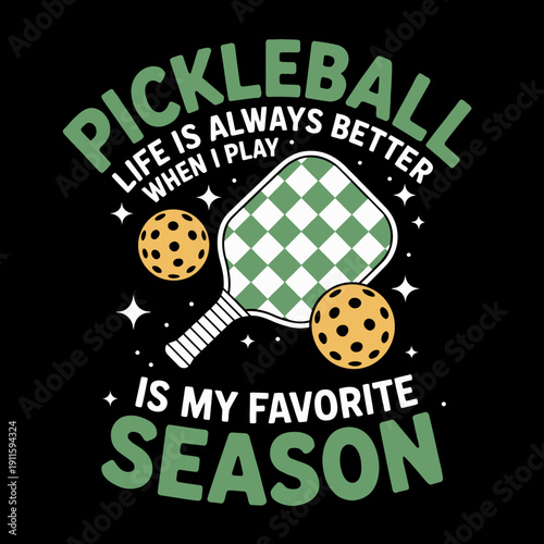 A pickleball paddle and balls are illustrated against a black background.