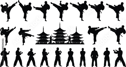 Martial Arts Silhouettes Collection Featuring Karate and Taekwondo High Kicks with Asian Pagoda Temple Background for Combat Sport and Training Concepts Fitness and Self-Defense