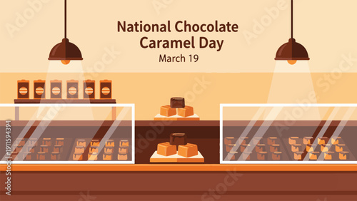 Illustration of a confectionery shop interior celebrating National Chocolate Caramel Day with display cases full of treats.