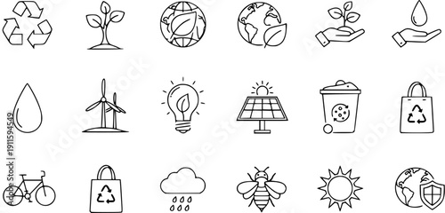 Diverse Hand-Drawn Eco-Friendly Icons for Sustainable Living and Environment Protection