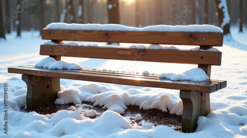 Wooden bench covered with melting snow in quiet park symbolizing patient wait for spring warmth and seasonal transformation