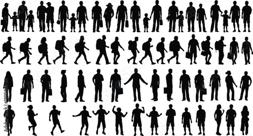 People walking silhouette collection illustration, family adults children daily life human figures isolated