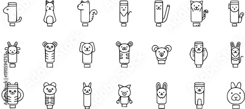 Kawaii Animal Tube Packaging Outline Icons Set. Vector illustrations of cute dog, cat, rabbit, tiger, pig, and bear characters stylized as containers.