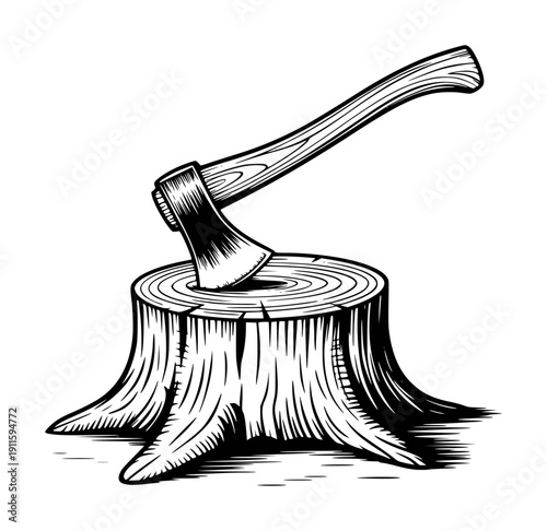 Engraved Style Axe Stuck in Wooden Tree Stump Isolated White Background chopping