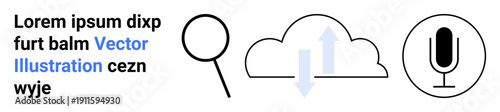 Data management, cloud storage, search technology, voice tools, online services, file sharing. Magnifying glass, cloud with arrows microphone icon. Data management and cloud storage concept