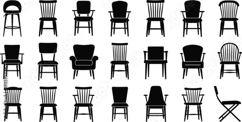 Chair icon set collection, furniture silhouettes variety, wooden chairs and armchairs, black flat vector illustration