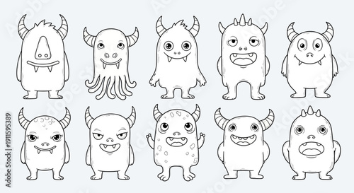 Cute Hand Drawn Doodle Monsters Set in Black and White Cartoon Style