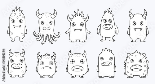 Cute Hand Drawn Doodle Monsters Set in Black and White Cartoon Style