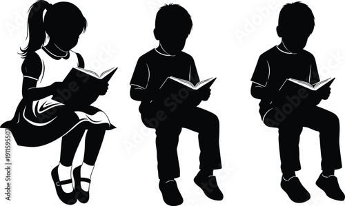 Children reading books silhouettes, boys and girl studying while sitting, education and learning concept, childhood literacy vector illustration