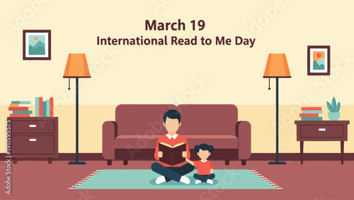 A father reads a book to his child on "International Read to Me Day" in a cozy living room setting.