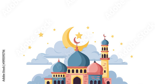 Vector illustration of an Islamic mosque, featuring elegant domes and a tall minaret, with a crescent moon and stars, symbolizing faith and festive culture