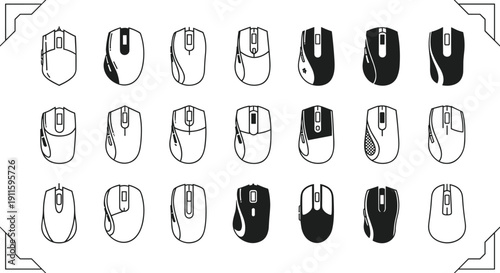 Computer mouse icon set collection, modern outline silhouettes, wireless and wired mouse designs, technology interface symbols, black and white vector