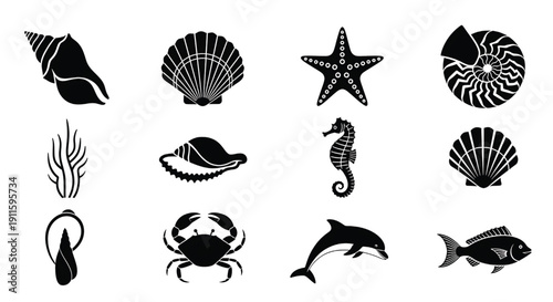 Sea animals and shells icon set with starfish, seahorse, dolphin, fish, crab, seaweed and seashell silhouettes in black, marine nature symbols isolated
