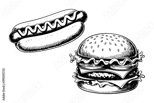 Hand Drawn Style Burger and Hot Dog with Mustard White Background hotdog food