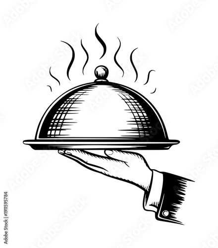 Hand holding steaming silver cloche serving dish with steam rising black and white