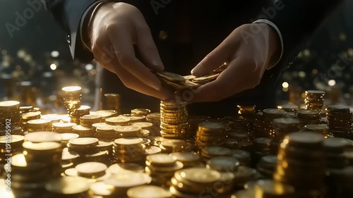Hands stacking gold coins in a dimly lit room with bokeh lights.