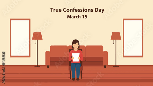 A cartoon illustration depicting True Confessions Day on March 15, with a woman sitting on a chair holding paper in a living room setting.