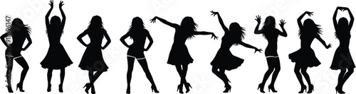 Dancing women silhouette set, female dance poses collection, party and music movement concept, black flat vector illustration