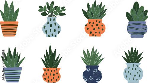 A set of fresh flowers in pots sits alongside a ripe yellow pineapple and juicy red strawberries, creating a healthy, natural dessert display isolated on a white background with green tropical leaves