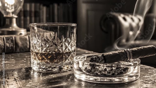 A Glass of Amber Whiskey and a Smoldering Cigar Rest on a Textured Table in a Dimly Lit Study with Bookshelves and Leather Chair in the Background