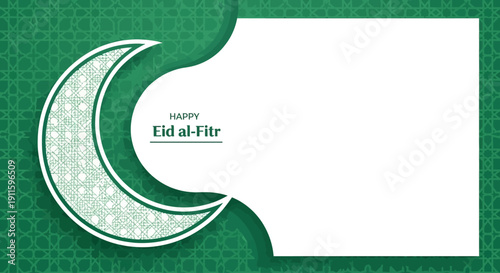 Dynamic Eid al-Fitr Greeting Design with Stylized Crescent Moon, Flowing White Frame, and Green Geometric Pattern Background for Festive Messages and Holiday Celebrations