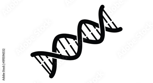 DNA double helix icon with twisted ladder structure, black on white featuring genetics, biology, science with symbol and molecular biology elements for biotechnology, genetic code projects, clean