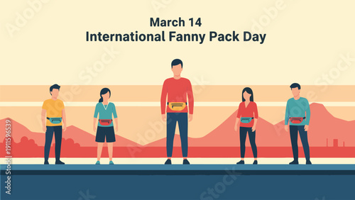 An illustration celebrating International Fanny Pack Day on March 14, featuring diverse people wearing waist bags.