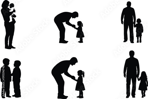Family silhouettes set showing parents and children bonding, father mother with kids moments, love care parenting illustration isolated on white background