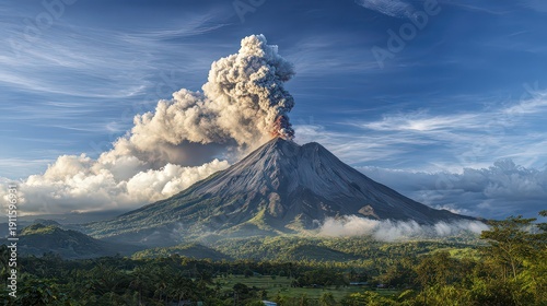Dramatic Volcanic Eruption Plume Ascending from Mountain Surrounded by Lush Green Forest Under Blue Sky with Wispy Clouds in Daytime