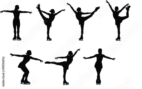 Figure skating silhouette set, elegant ice skater poses performing jumps and spins, winter sport dance concept, minimalist black vector illustration