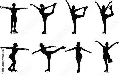 Figure skating silhouette set, graceful ice skater poses performing spins and balance moves, winter sport dance concept, black vector illustration
