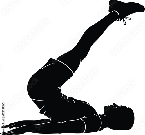 Fitness yoga silhouette illustration, woman performing shoulder stand exercise, pilates core workout pose, home training routine, healthy lifestyle, isolated black vector