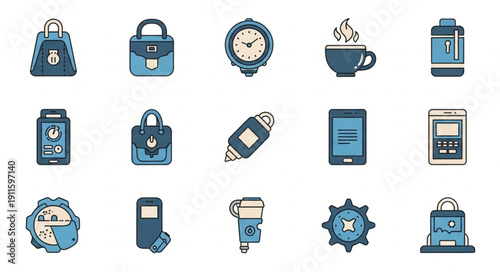 Collection of modern icons representing technology and daily life objects.