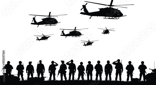 Silhouettes of Soldiers Saluting with Military Helicopters Flying Overhead at Sunset, Armed Forces Tribute, Army Teamwork, Patriotism and Defense Concept Illustration on White Background