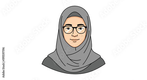 Cartoon woman wearing gray hijab glasses.