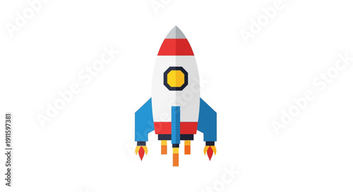 Colorful toy rocket ship blasting off.