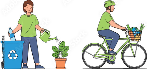Illustration depicting eco-friendly lifestyle with a person recycling and another cycling with a basket of fruits and vegetables