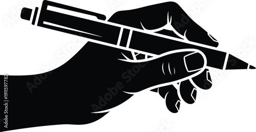 Hand holding pen silhouette illustration, writing gesture concept, creativity education business symbol, note taking action, isolated black vector on white background