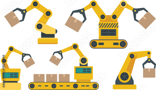 Set of industrial robotic arms with conveyor belt handling cardboard boxes in automated warehouse factory production vector illustration