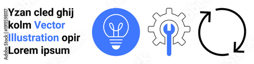 Innovation, maintenance strategy, process optimization, workflow, technology development, and problem-solving. Set of icons including a light bulb, gear with wrench and circular arrows. Innovation