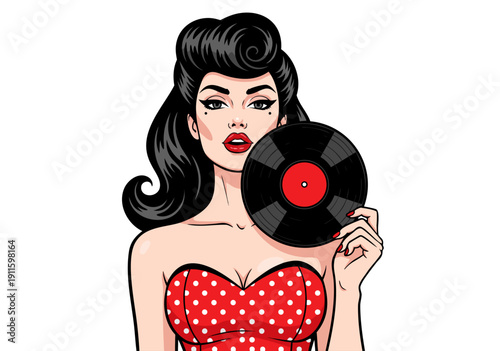 Retro pin-up girl illustration holding a vinyl record, pop art vector art style for music and vintage themes