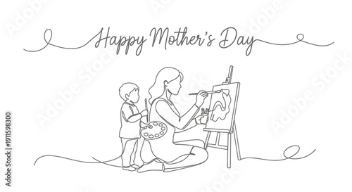Mother's Day vector illustration of a mother and child painting together.