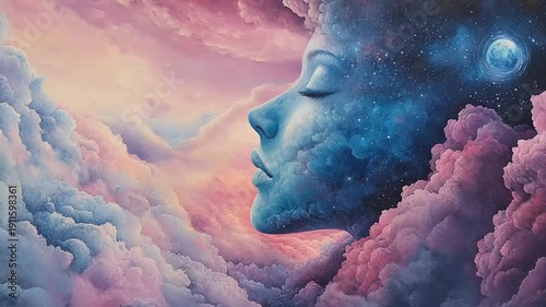 Surreal Dreamscape with Cosmic Face Emerging from Clouds.