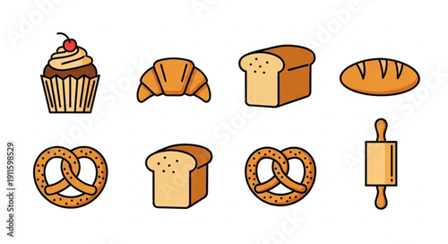Collection of baked goods and baking tools illustration.